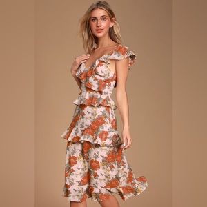 Lulus Fleur-Evermore Blush Pink Floral Print Ruffled Midi Dress
